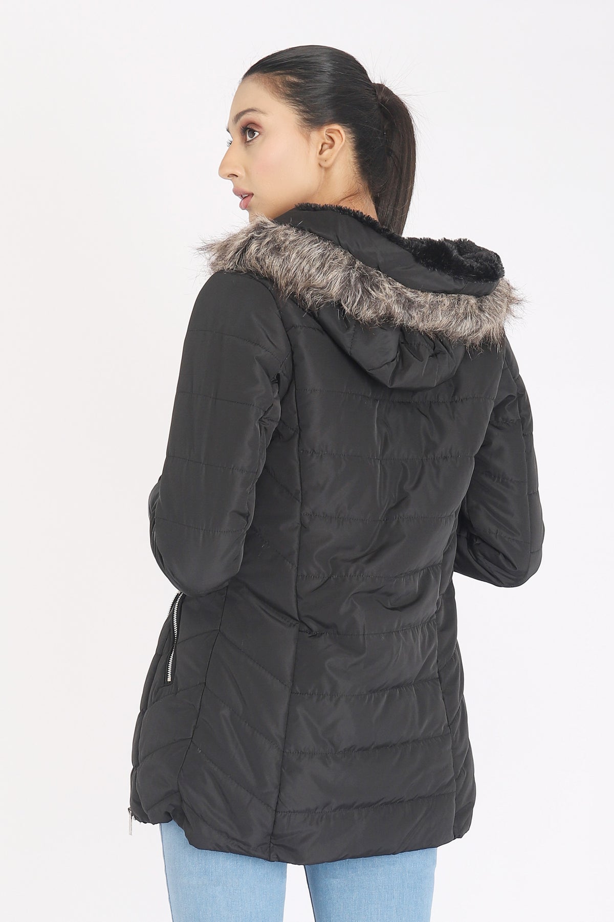 FUR QUILTED PUFFER JACKET-BLACK