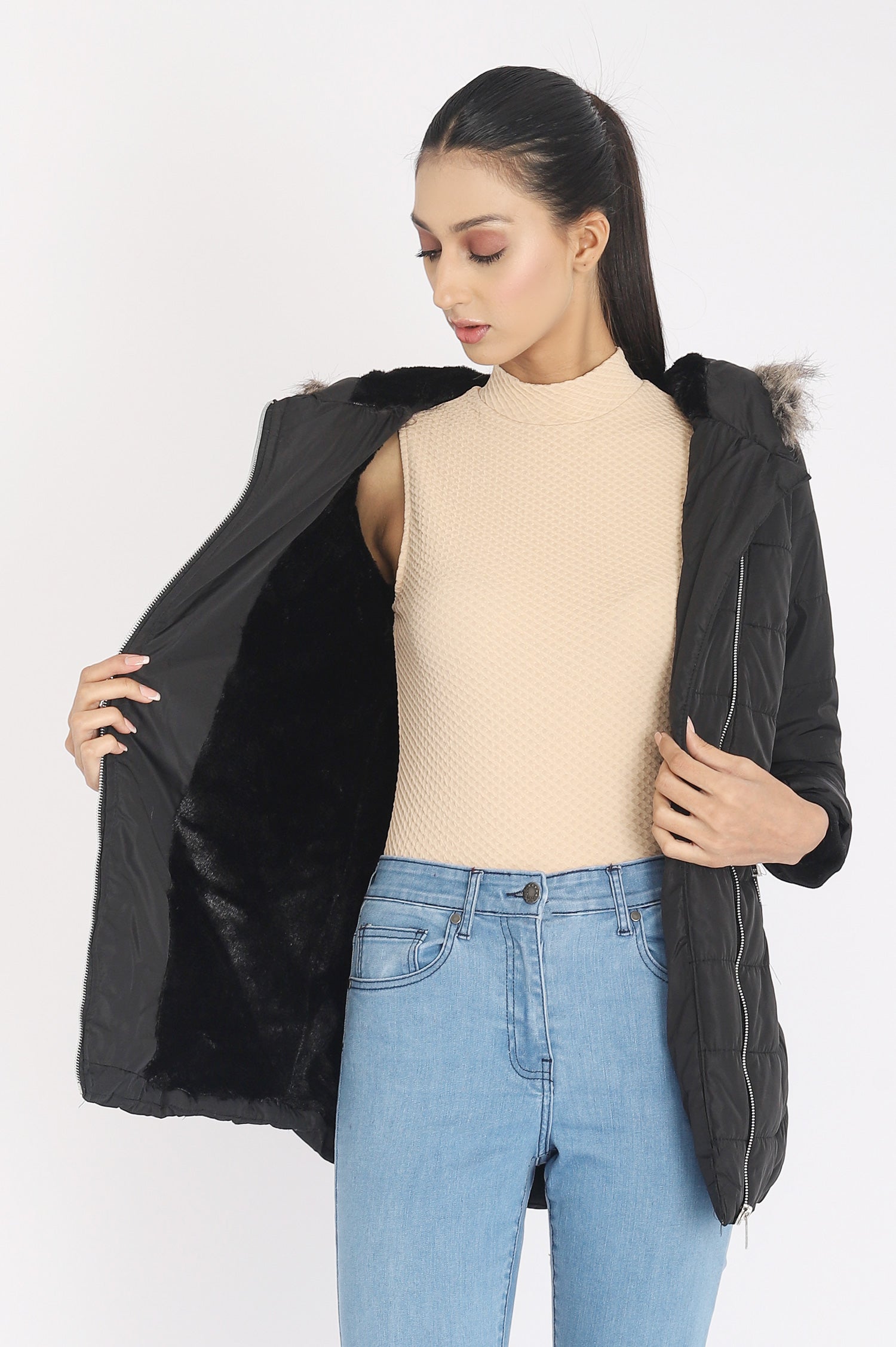 FUR QUILTED PUFFER JACKET-BLACK
