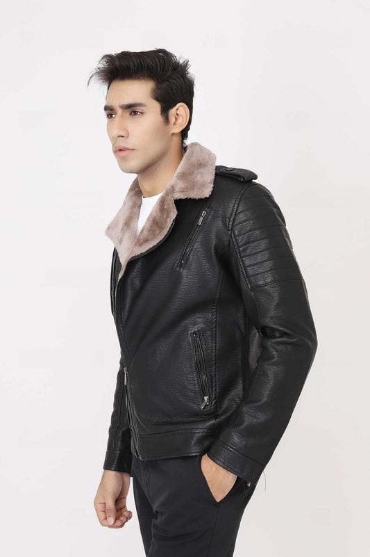 LEATHER FUR JACKET-BLACK