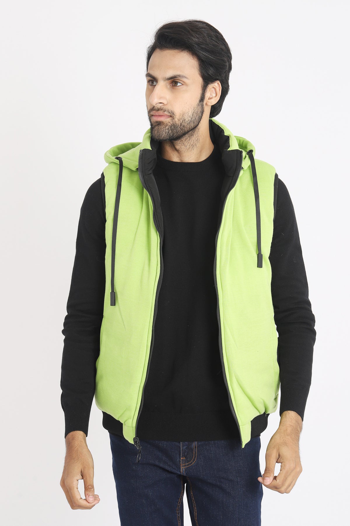 COLORED HOOD SLEEVELESS PUFFER JACKET-GREEN