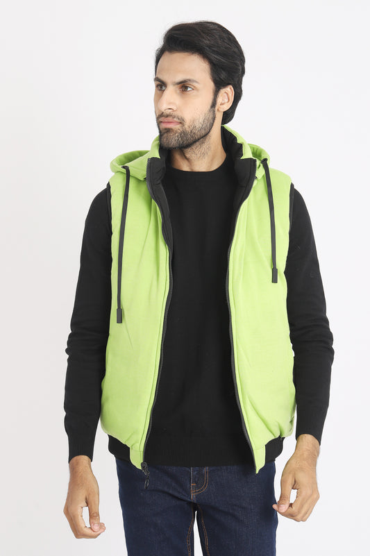 COLORED HOOD SLEEVELESS PUFFER JACKET-GREEN
