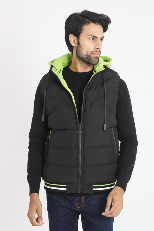 COLORED HOOD SLEEVELESS PUFFER JACKET-GREEN