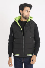 COLORED HOOD SLEEVELESS PUFFER JACKET-GREEN