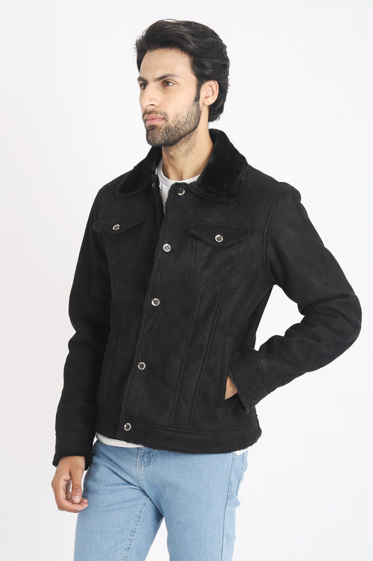 FUR COLLAR JACKET-BLACK