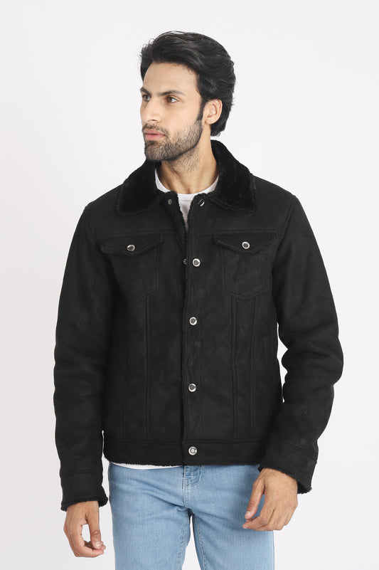 FUR COLLAR JACKET-BLACK
