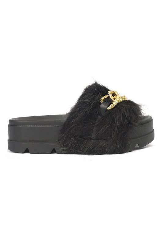 FUR SLIPPERS WITH CHAIN-BLACK