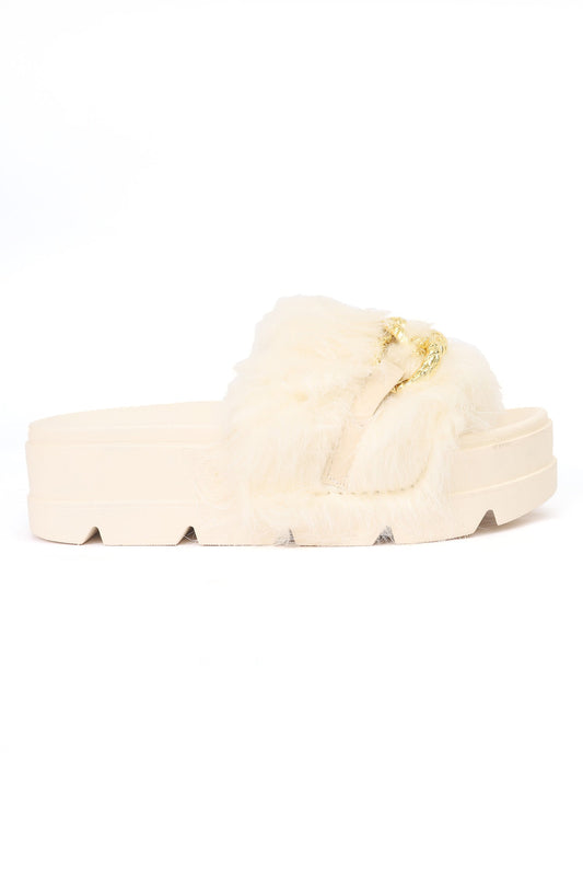 FUR SLIPPERS WITH CHAIN-BEIGE