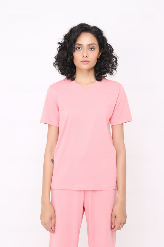 COTTON V NECK TEE-PINK