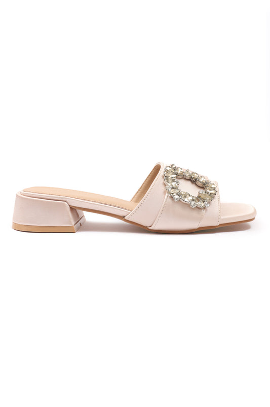 SATIN BLOCK HEELS-BEIGE