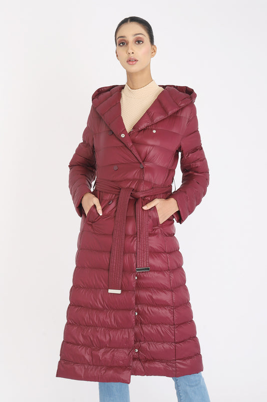 LONG QUILTED PUFFER JACKET-BURGUNDY