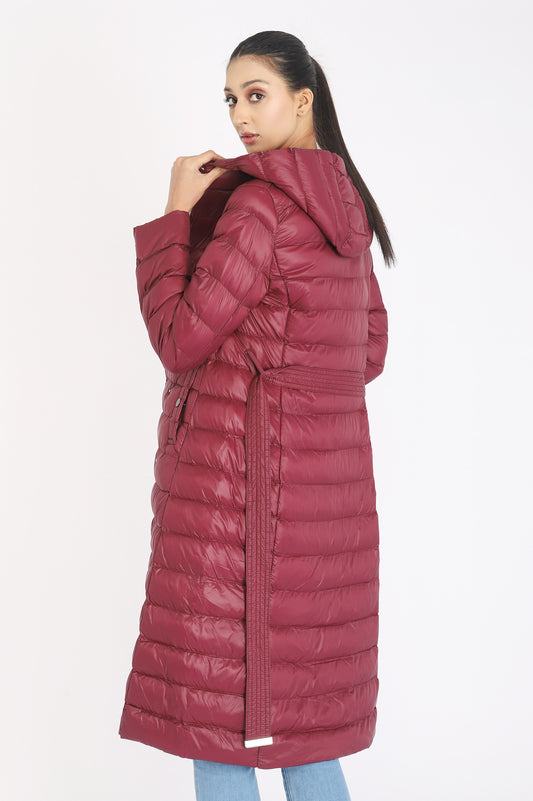 LONG QUILTED PUFFER JACKET-BURGUNDY