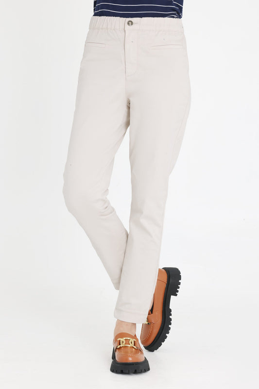 WOMEN ELASTIC WAIST PANTS-BEIGE